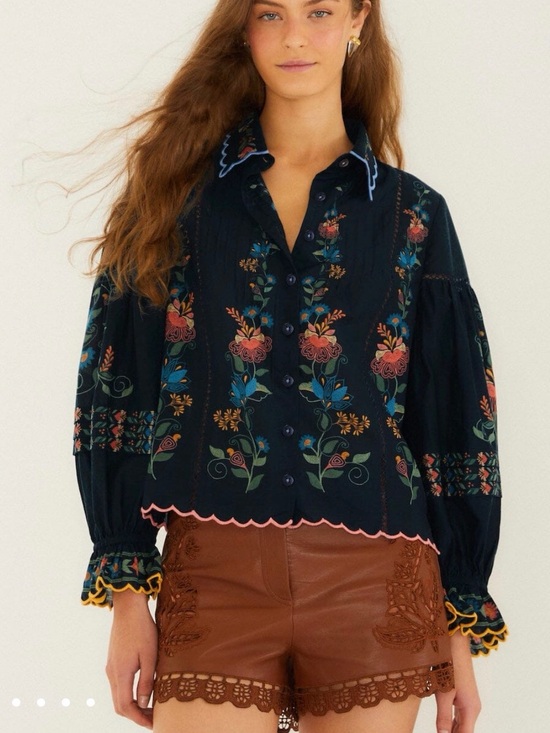 FARM Rio Tops - Navy Blue Stitched Garden Wavy Hem Blouse